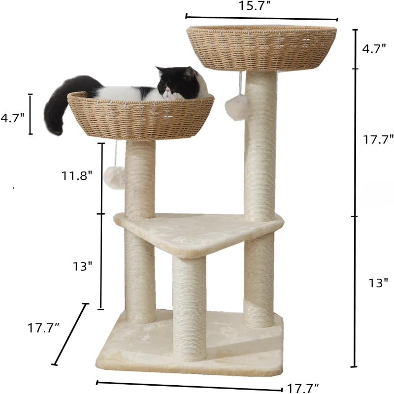 Cat Tree Tower with Rattan Wicker Basket, 2 Large Nest Baskets Bed