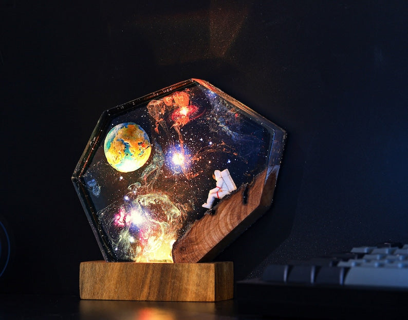 The EARTH and Astronaut Epoxy lamp, EGO lamp, Gravity in Space Night light, Moon night light