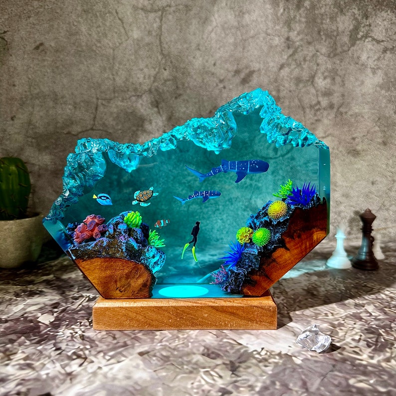 Whale sharks and turtle resin lamp, table decor lamp, ocean resin