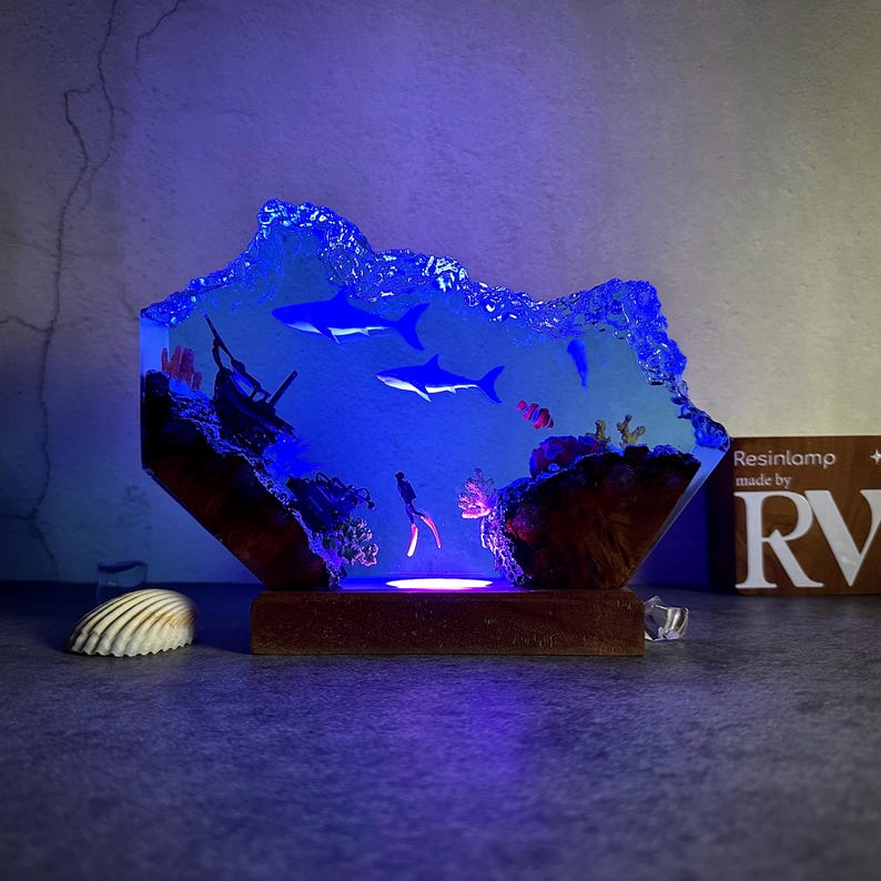 Custom Great White Shark and scuba resin lamp, SCUBA DIVER Epoxy Lamp, ocean night light