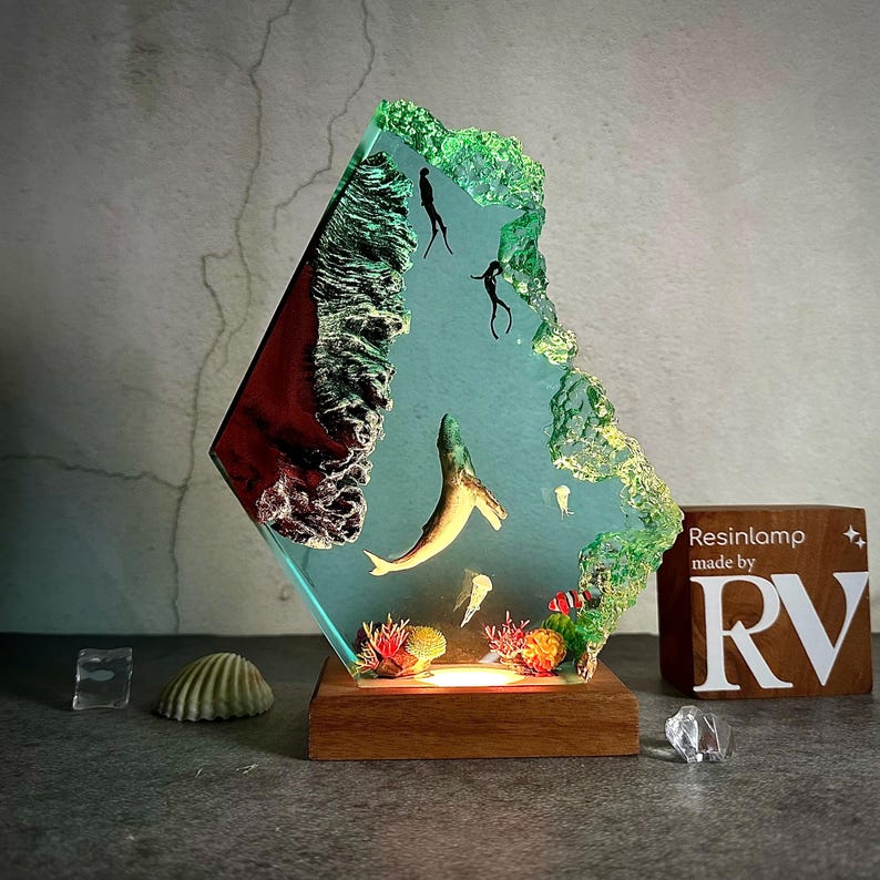 Epoxy Resin Ocean Lamp: Whale & Diver Wood Night Light