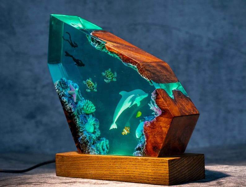Dolphin Ocean Resin Lamp, sea turtles & couple diver night light