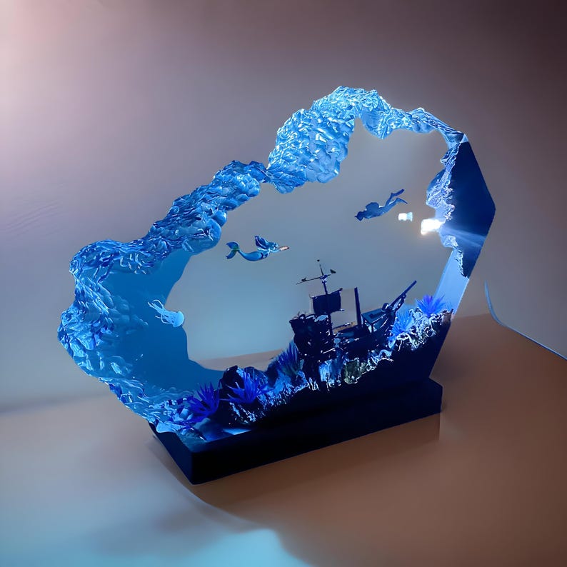 Mermaid & Sunken Ship Resin Night Light: Ocean Art Lamp