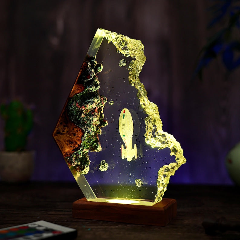 Custom Star Trek USS Voyager Lamp: Resin & Wood Spacecraft Night Light