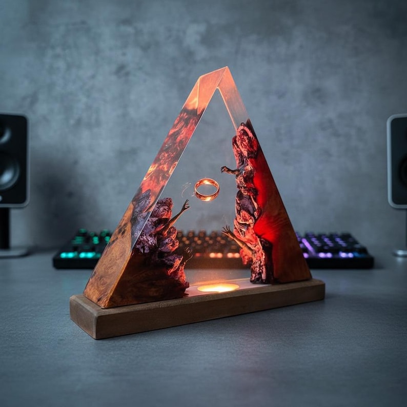 Handmade Resin Pyramid Lamp with Floating Ring | Unique Wooden Epoxy Art Night Light