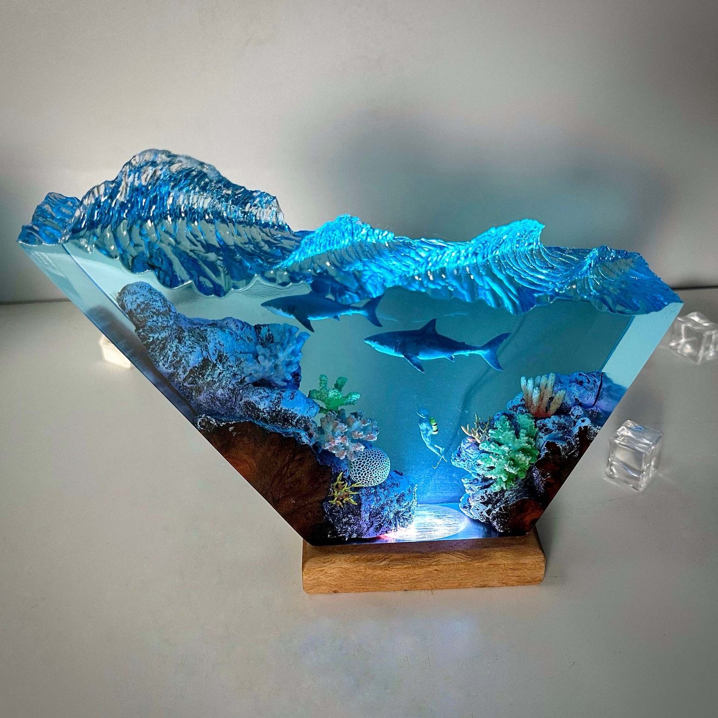 Two shark and scuba diver resin lamp, table decor lamp
