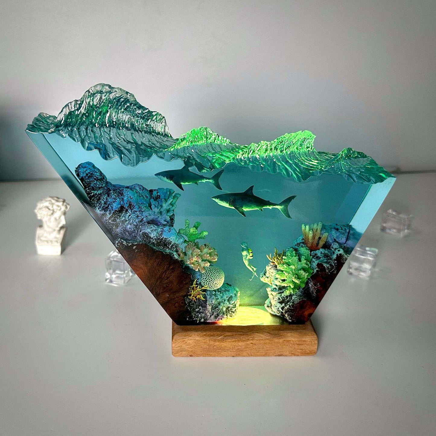 Two shark and scuba diver resin lamp, table decor lamp