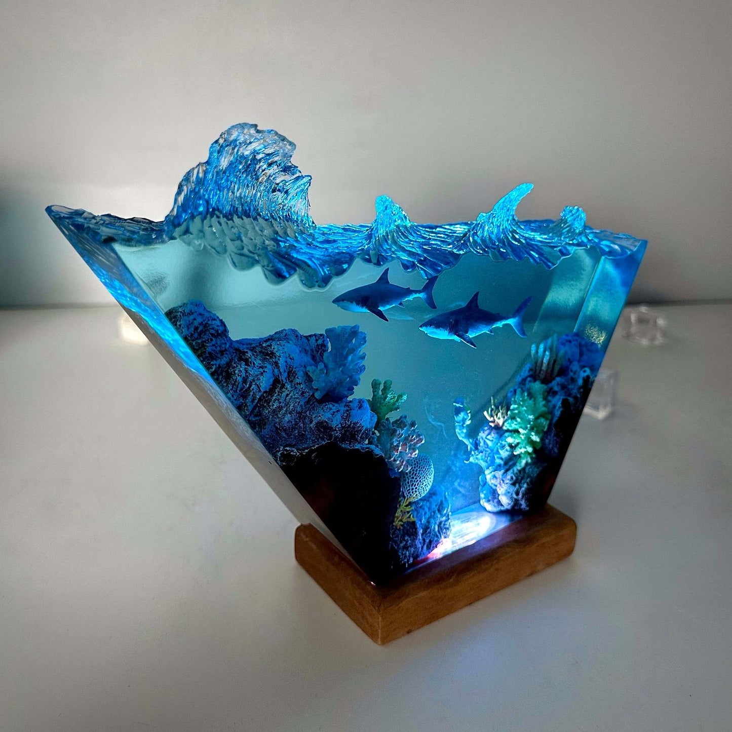 Two shark and scuba diver resin lamp, table decor lamp