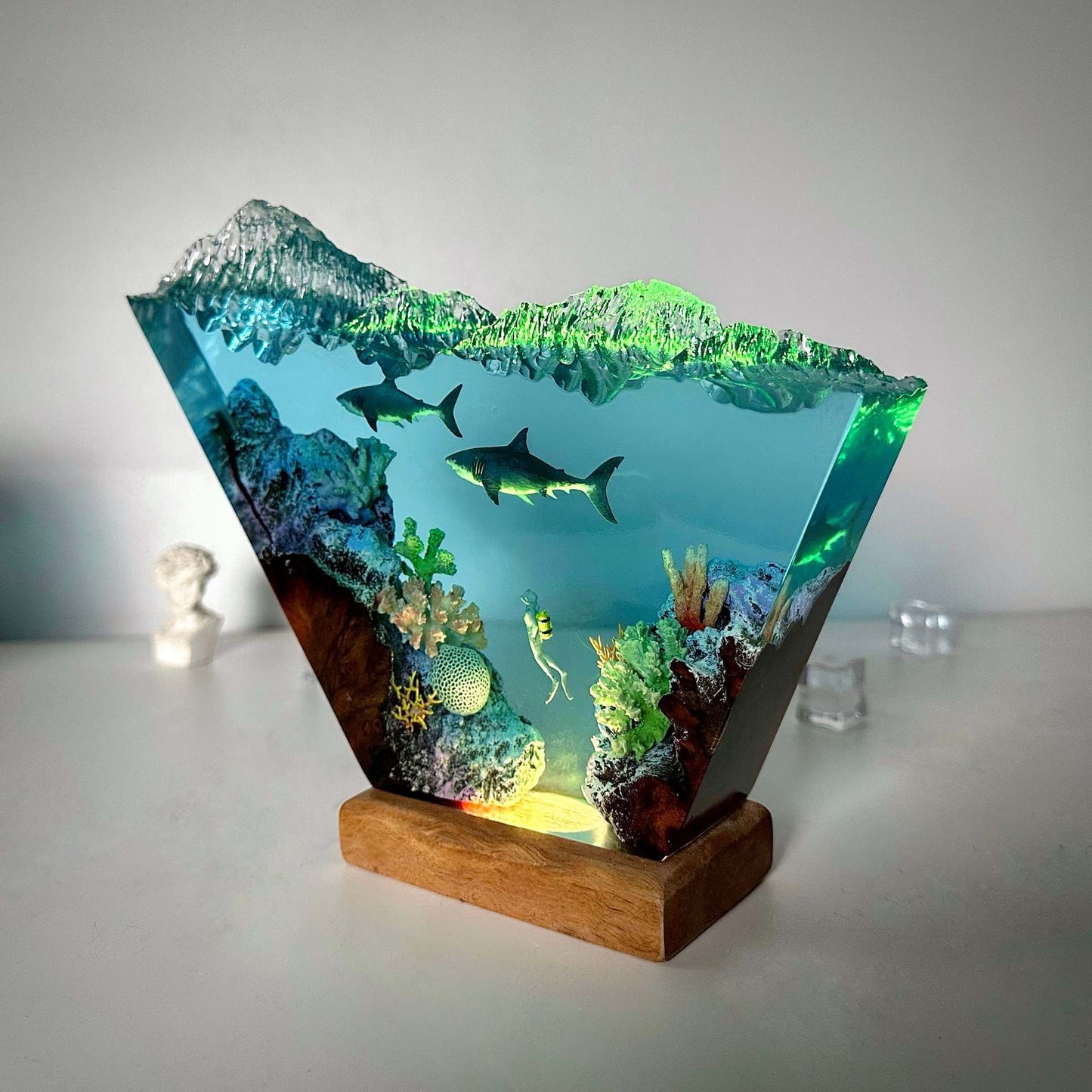 Two shark and scuba diver resin lamp, table decor lamp
