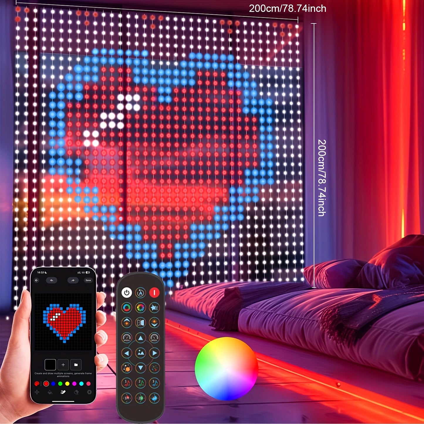 RGB Smart LED Curtain Light String, Controlled by Mobile APP, DIY Editing