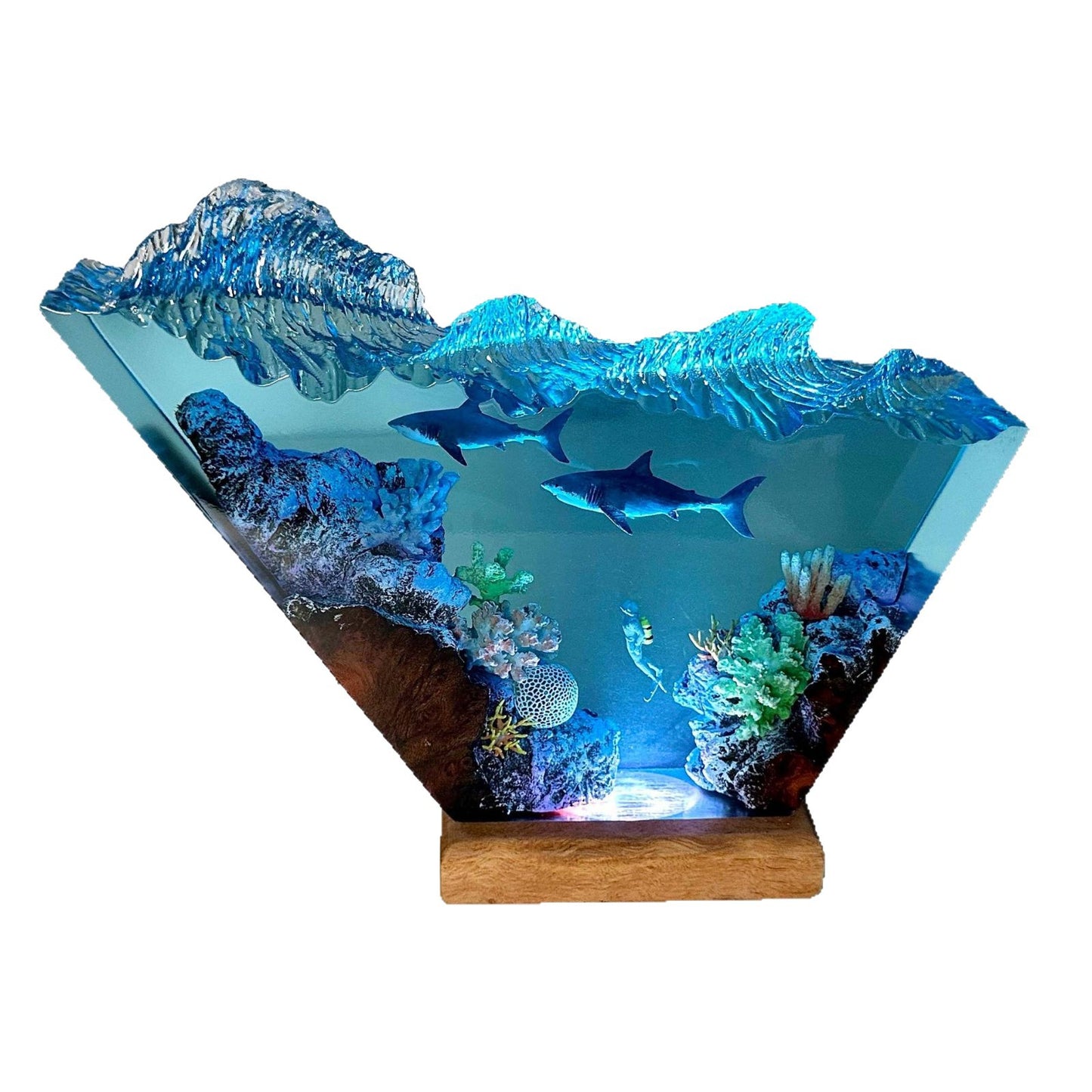 Two shark and scuba diver resin lamp, table decor lamp