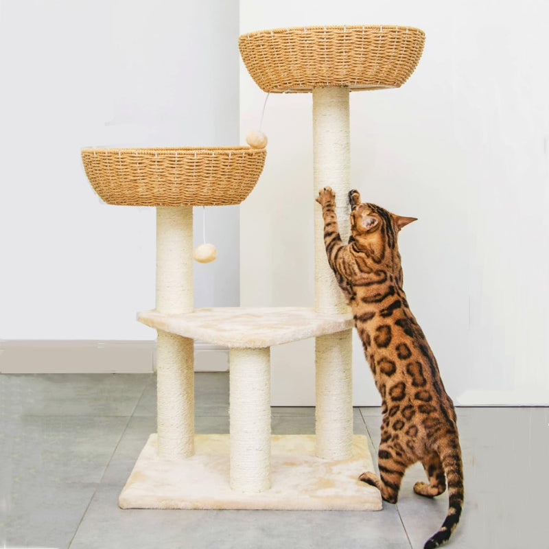 Cat Tree Tower with Rattan Wicker Basket, 2 Large Nest Baskets Bed