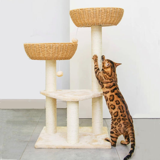 Cat Tree Tower with Rattan Wicker Basket, 2 Large Nest Baskets Bed