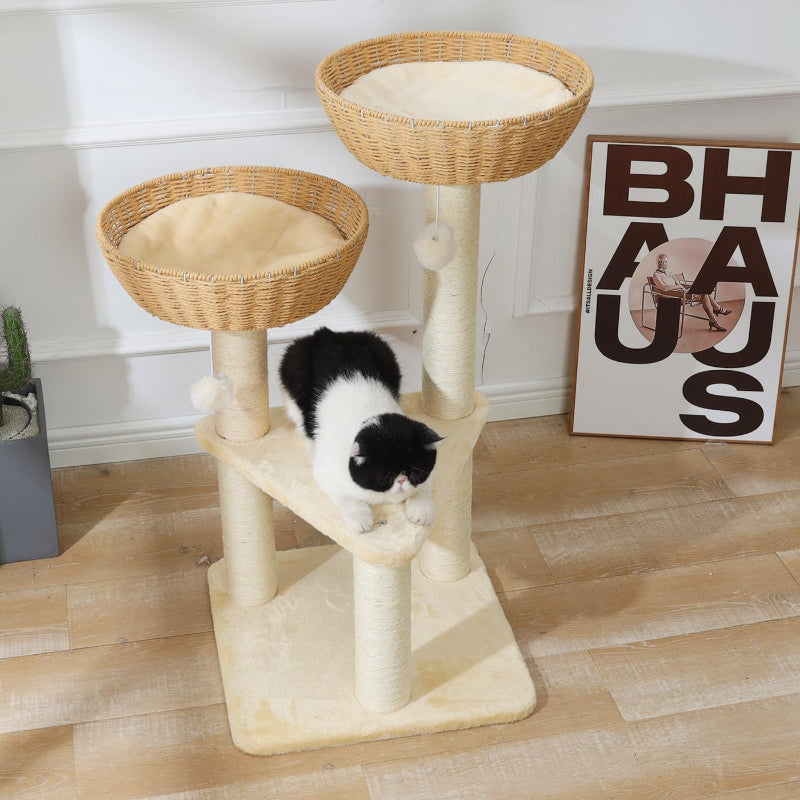 Cat Tree Tower with Rattan Wicker Basket, 2 Large Nest Baskets Bed