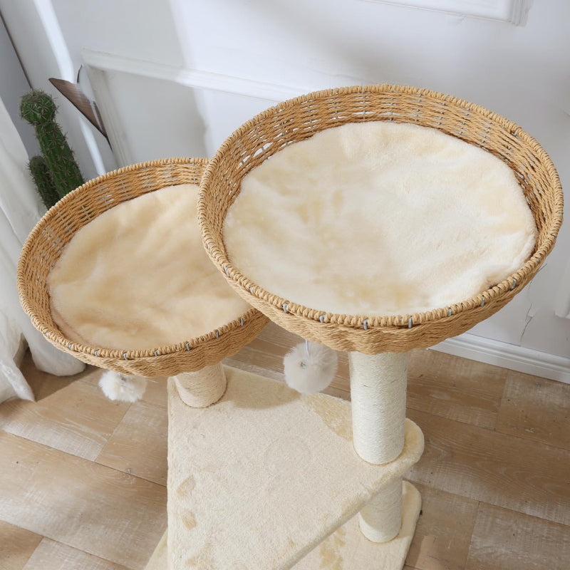 Cat Tree Tower with Rattan Wicker Basket, 2 Large Nest Baskets Bed