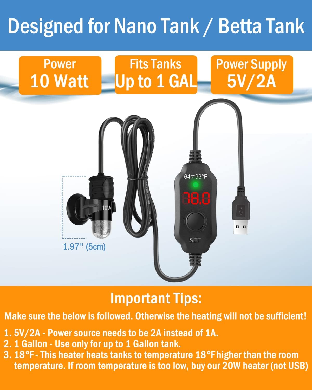 Small Aquarium Heater Submersible Fish Tank Heater 5V/2A USB Powered