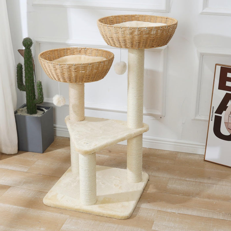Cat Tree Tower with Rattan Wicker Basket, 2 Large Nest Baskets Bed