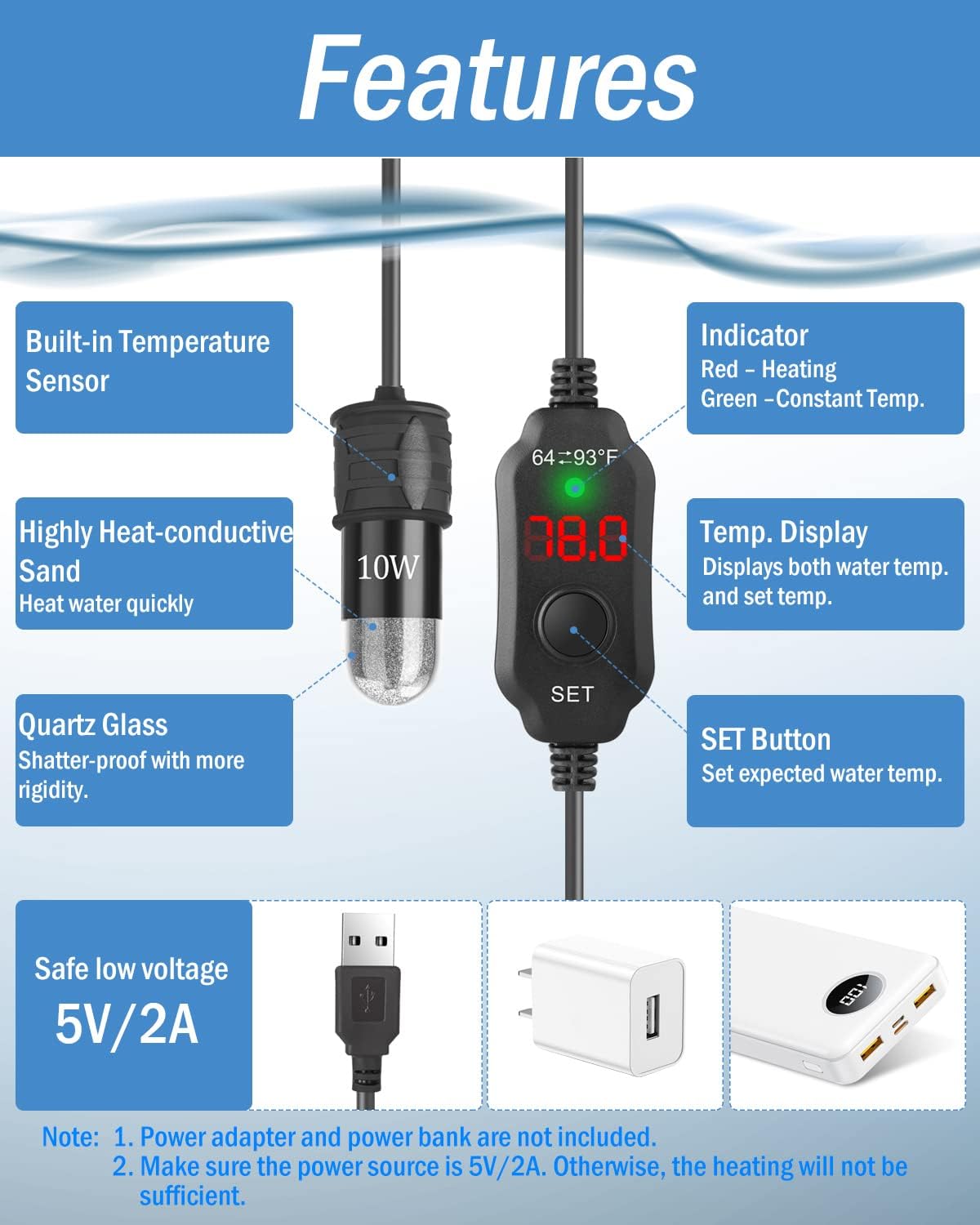 Small Aquarium Heater Submersible Fish Tank Heater 5V/2A USB Powered