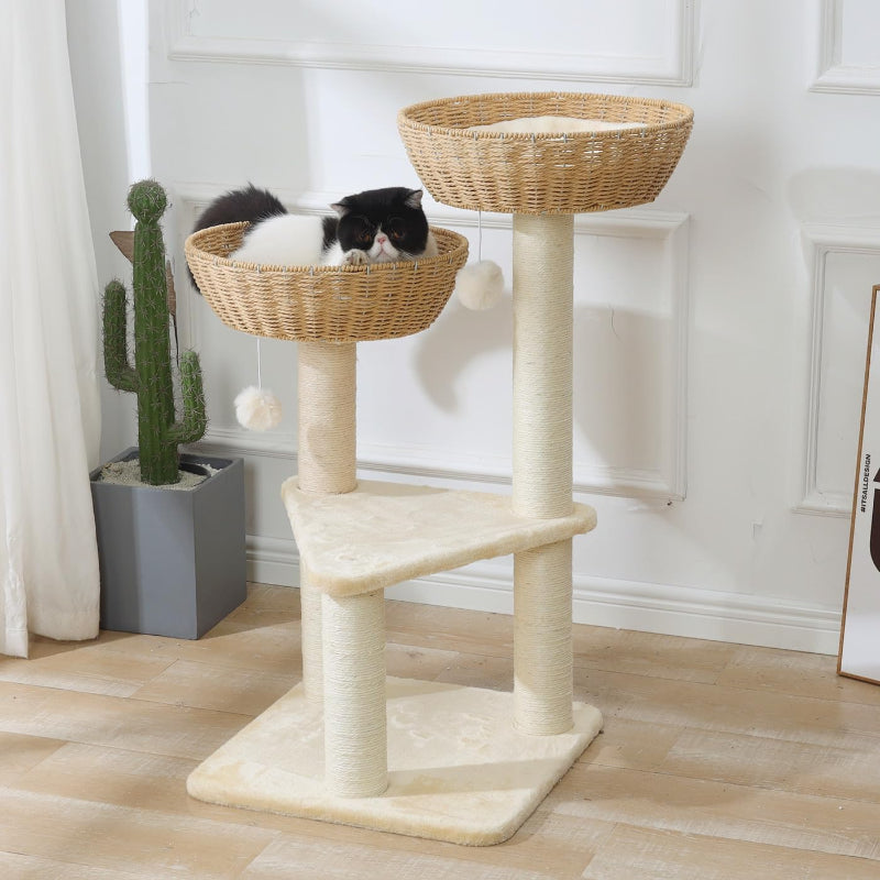 Cat Tree Tower with Rattan Wicker Basket, 2 Large Nest Baskets Bed