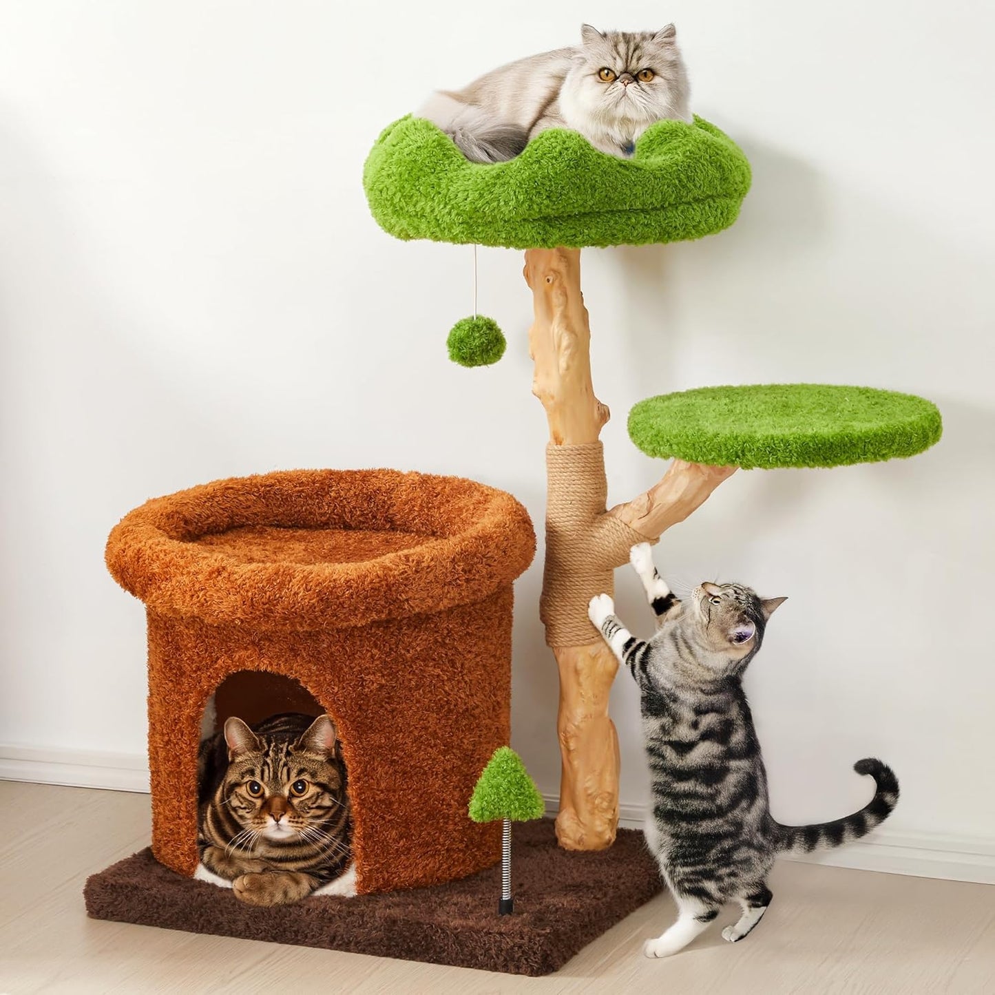 Copaner Wooden Climbing Cat Tower with Natural Wood, Bed & Condo Handcraft