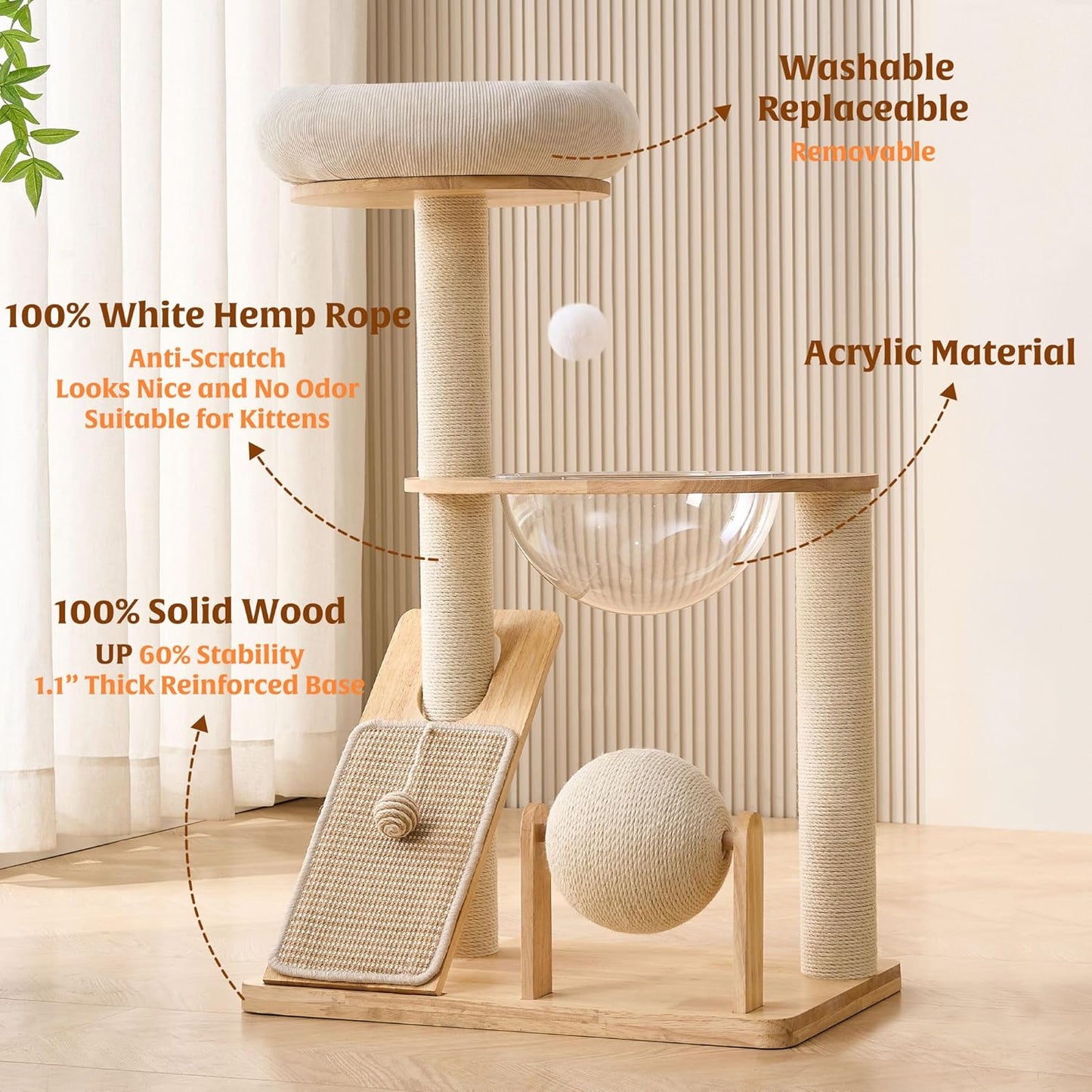 Solid Wood Cat Tree Tower with Scratching Post