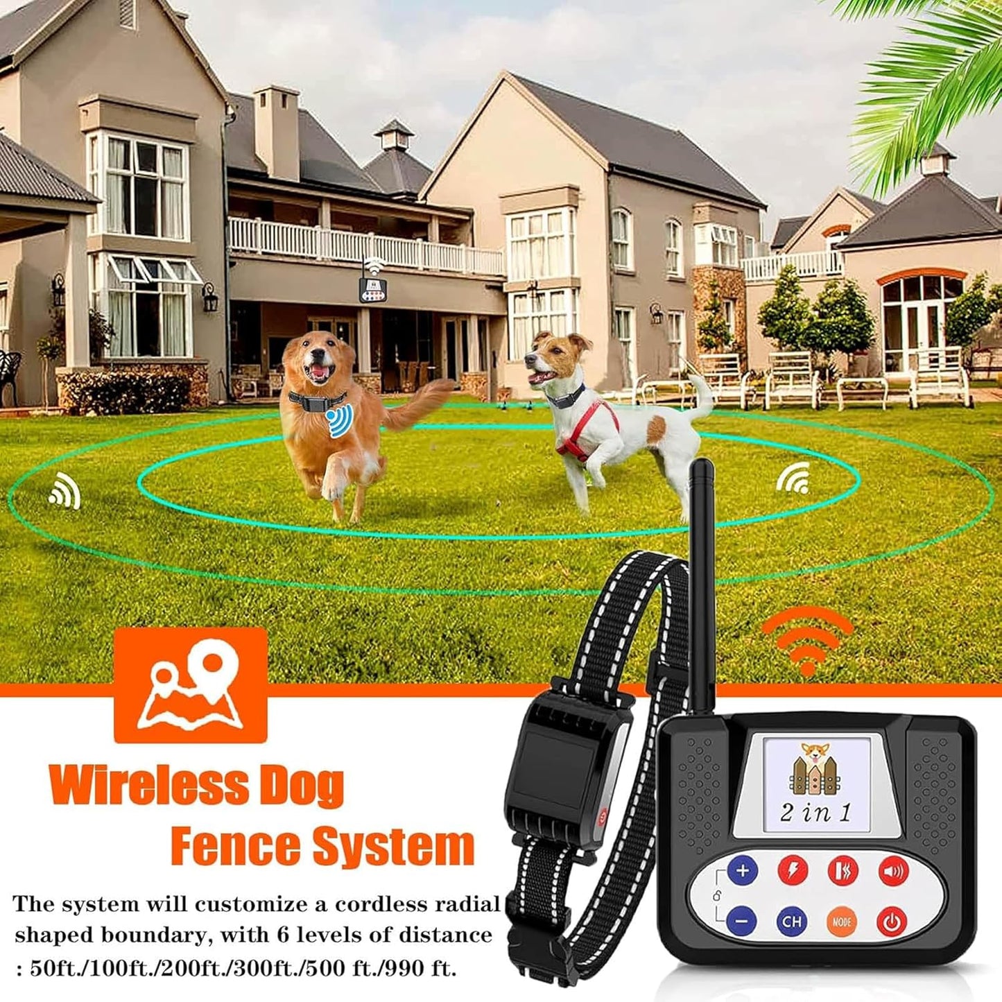 Wireless Dog Fence, Electric Dog Fence & Remote Training Shock Collar 2-in-1
