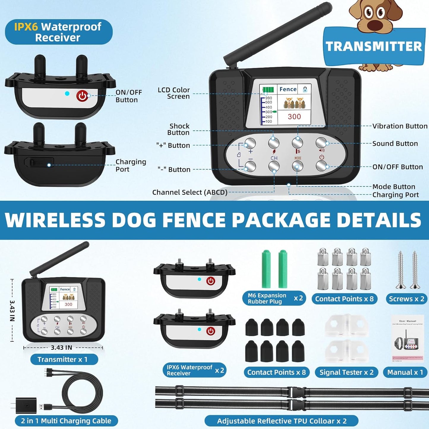 Wireless Dog Fence, Invisible Fence for Dogs with LCD Screen
