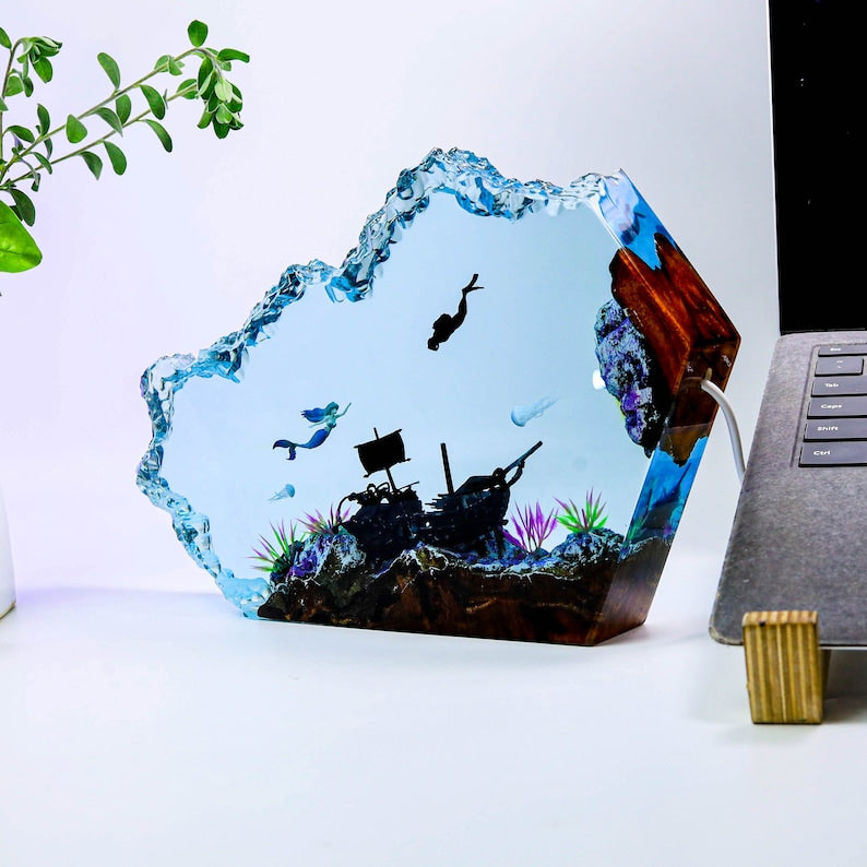 Mermaid and Diver Night Lights Resin lamp, The Little Mermaid Epoxy Resin Table Lamp