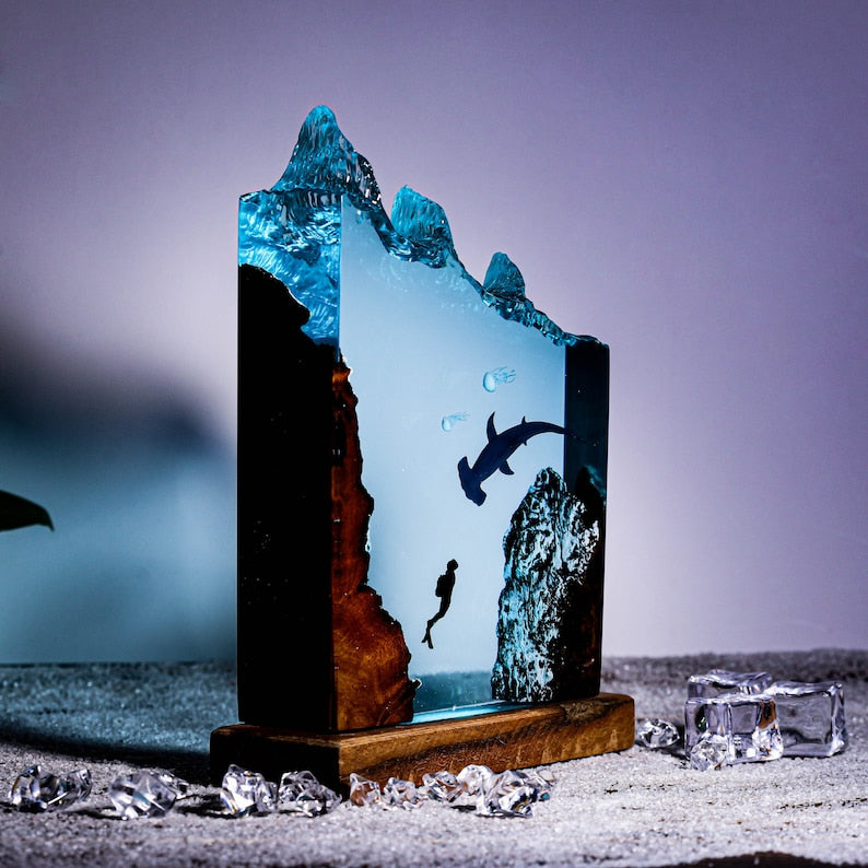 Hammerhead Shark and Diver Resin Night Light Epoxy and Wooden Lamp Epoxy Resin Wood Rustic