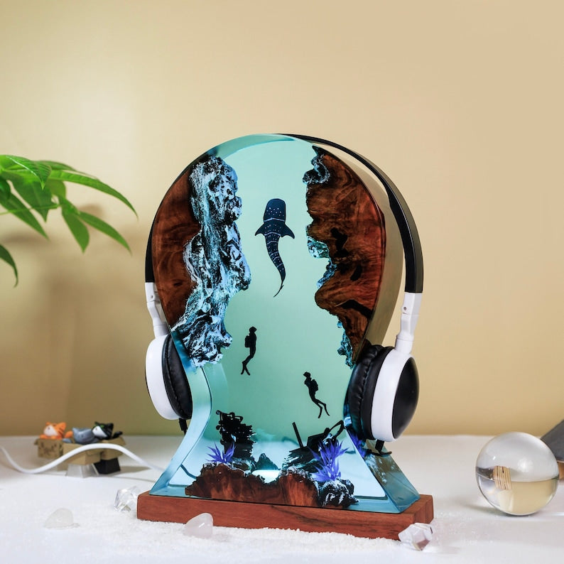 Custom headphone stand, Office Decor, Headset Artwork Holder and Resin art lamp