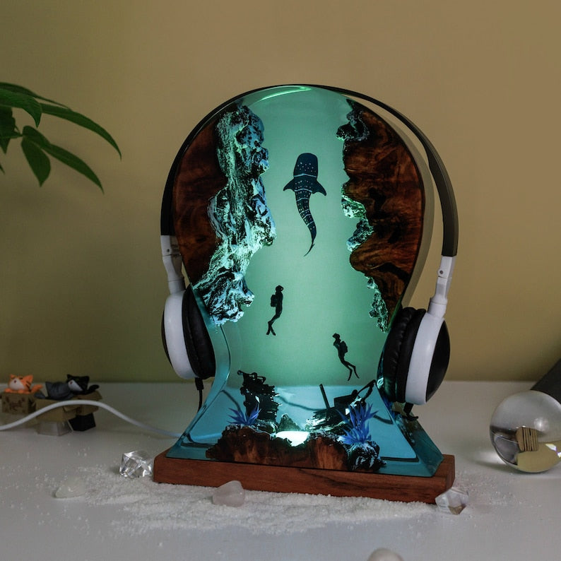 Custom headphone stand, Office Decor, Headset Artwork Holder and Resin art lamp