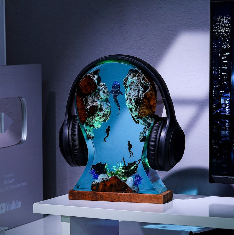Custom headphone stand, Office Decor, Headset Artwork Holder and Resin art lamp