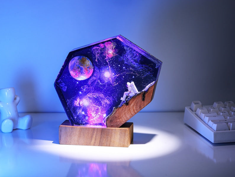 The EARTH and Astronaut Epoxy lamp, EGO lamp, Gravity in Space Night light, Moon night light
