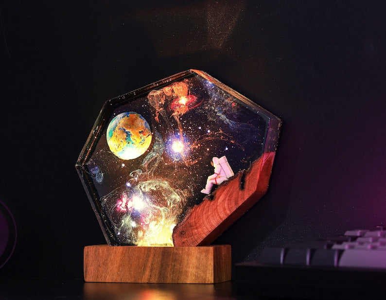 The EARTH and Astronaut Epoxy lamp, EGO lamp, Gravity in Space Night light, Moon night light