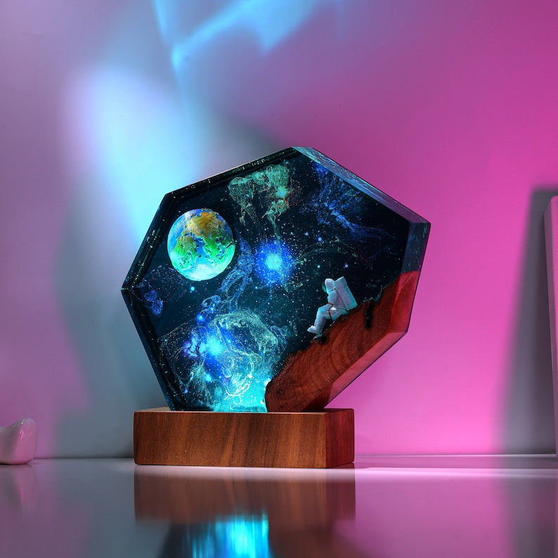 The EARTH and Astronaut Epoxy lamp, EGO lamp, Gravity in Space Night light, Moon night light