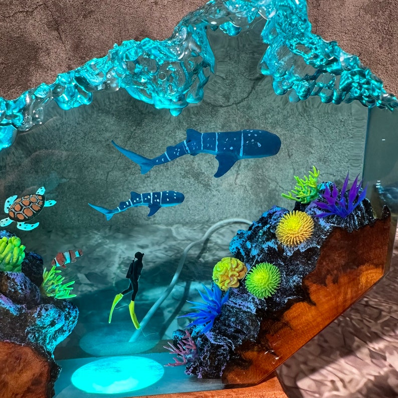 Whale sharks and turtle resin lamp, table decor lamp, ocean resin