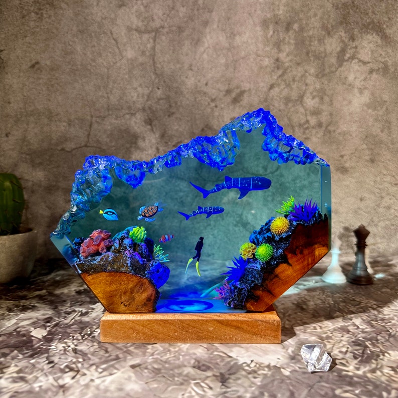 Whale sharks and turtle resin lamp, table decor lamp, ocean resin