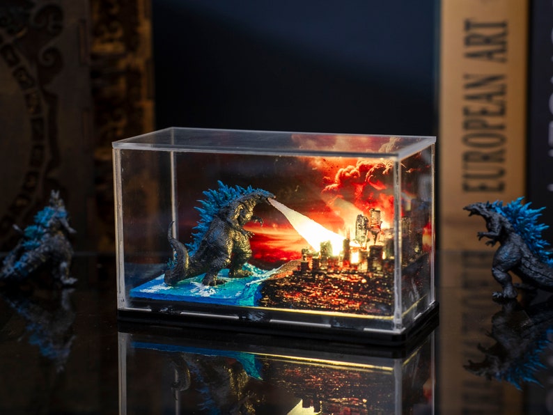 Miniature Monster Light Box – Handcrafted Godzilla Figure with LED Light, handmade gifts