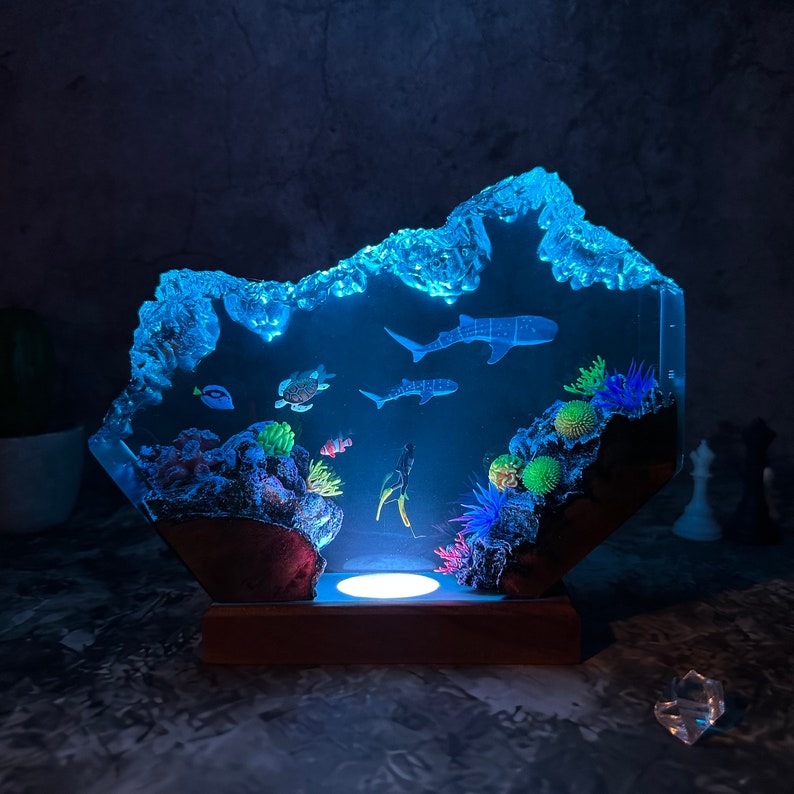 Whale sharks and turtle resin lamp, table decor lamp, ocean resin