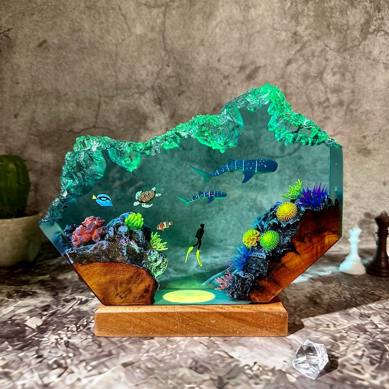 Whale sharks and turtle resin lamp, table decor lamp, ocean resin