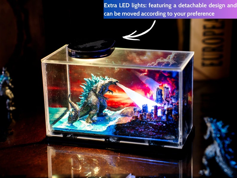 Miniature Monster Light Box – Handcrafted Godzilla Figure with LED Light, handmade gifts