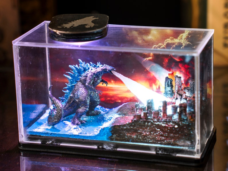 Miniature Monster Light Box – Handcrafted Godzilla Figure with LED Light, handmade gifts