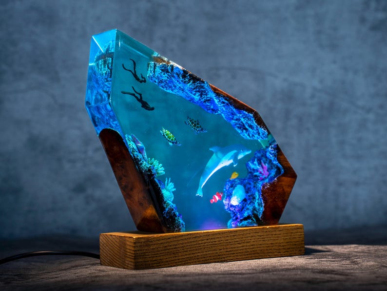 Dolphin Ocean Resin Lamp, sea turtles & couple diver night light