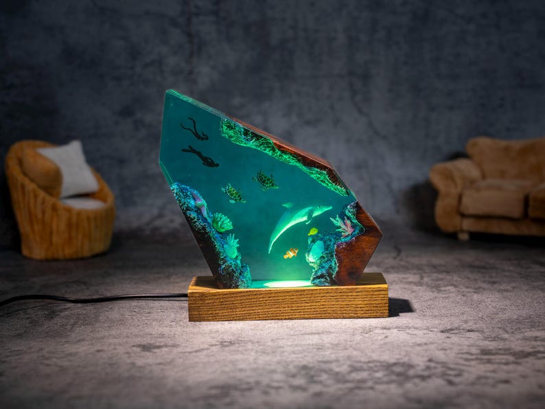 Dolphin Ocean Resin Lamp, sea turtles & couple diver night light