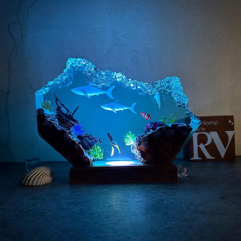 Custom Great White Shark and scuba resin lamp, SCUBA DIVER Epoxy Lamp, ocean night light