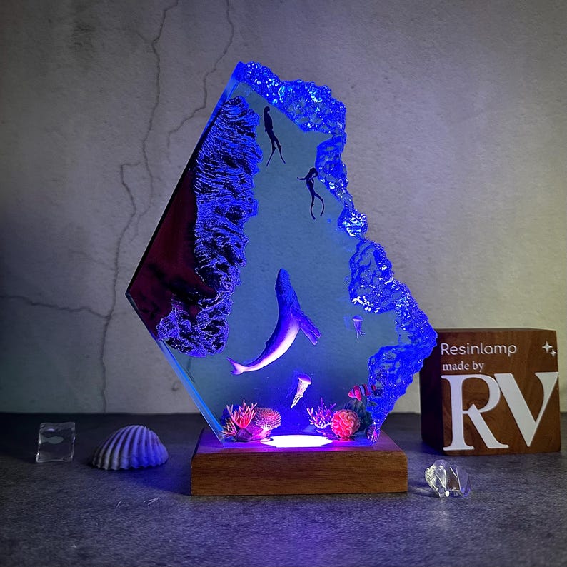 Epoxy Resin Ocean Lamp: Whale & Diver Wood Night Light