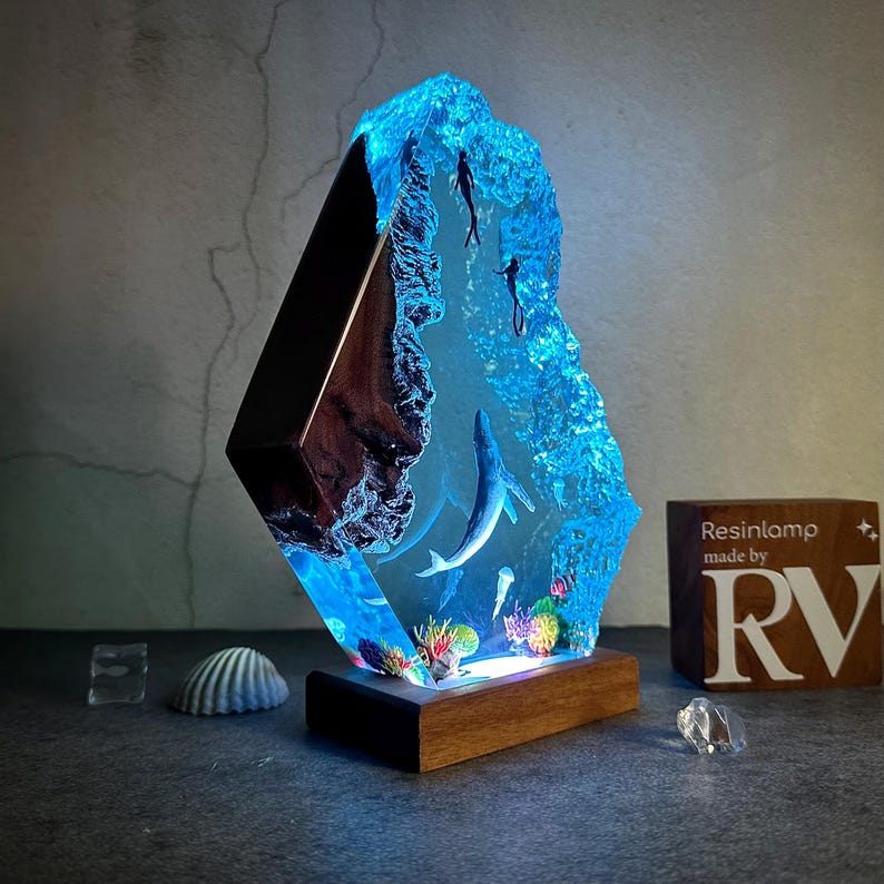 Epoxy Resin Ocean Lamp: Whale & Diver Wood Night Light