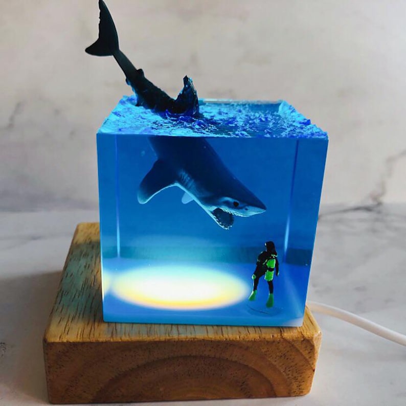 Scuba Diver Shark Resin Night Light, 5cm Personalized Ocean Night Light