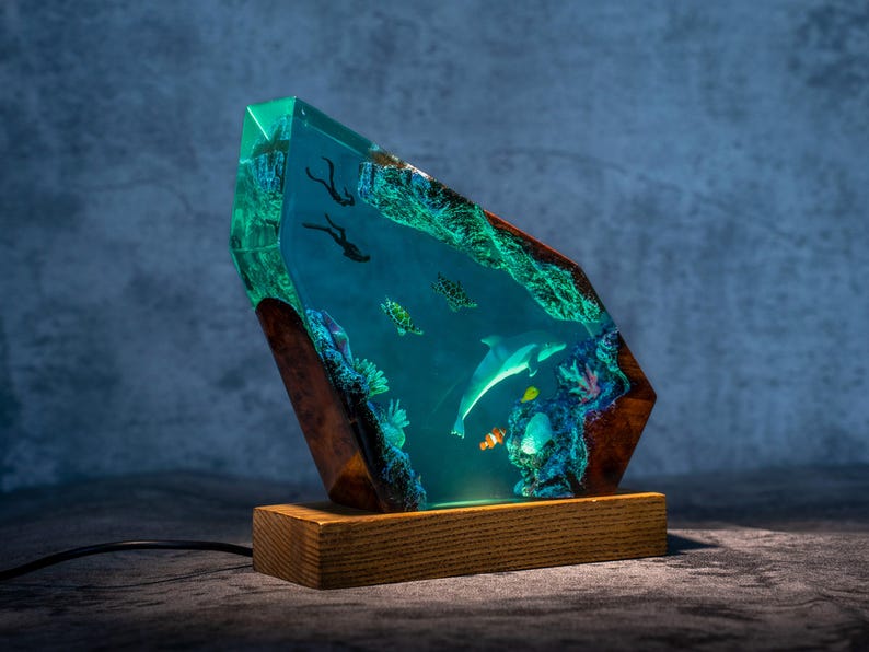 Dolphin Ocean Resin Lamp, sea turtles & couple diver night light