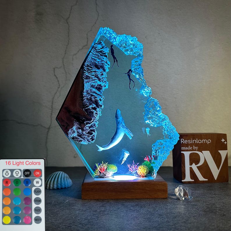 Epoxy Resin Ocean Lamp: Whale & Diver Wood Night Light